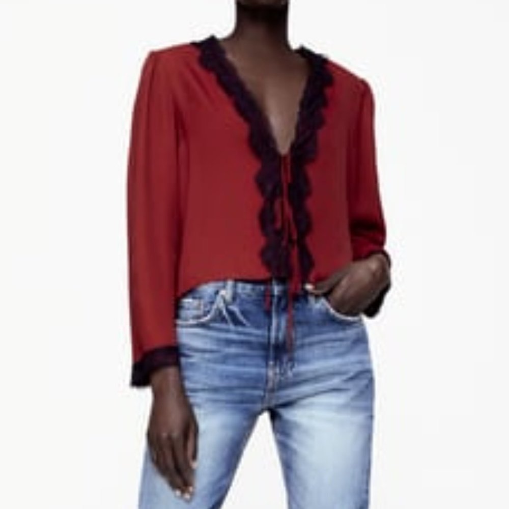 Dark red lace trim tie shirt